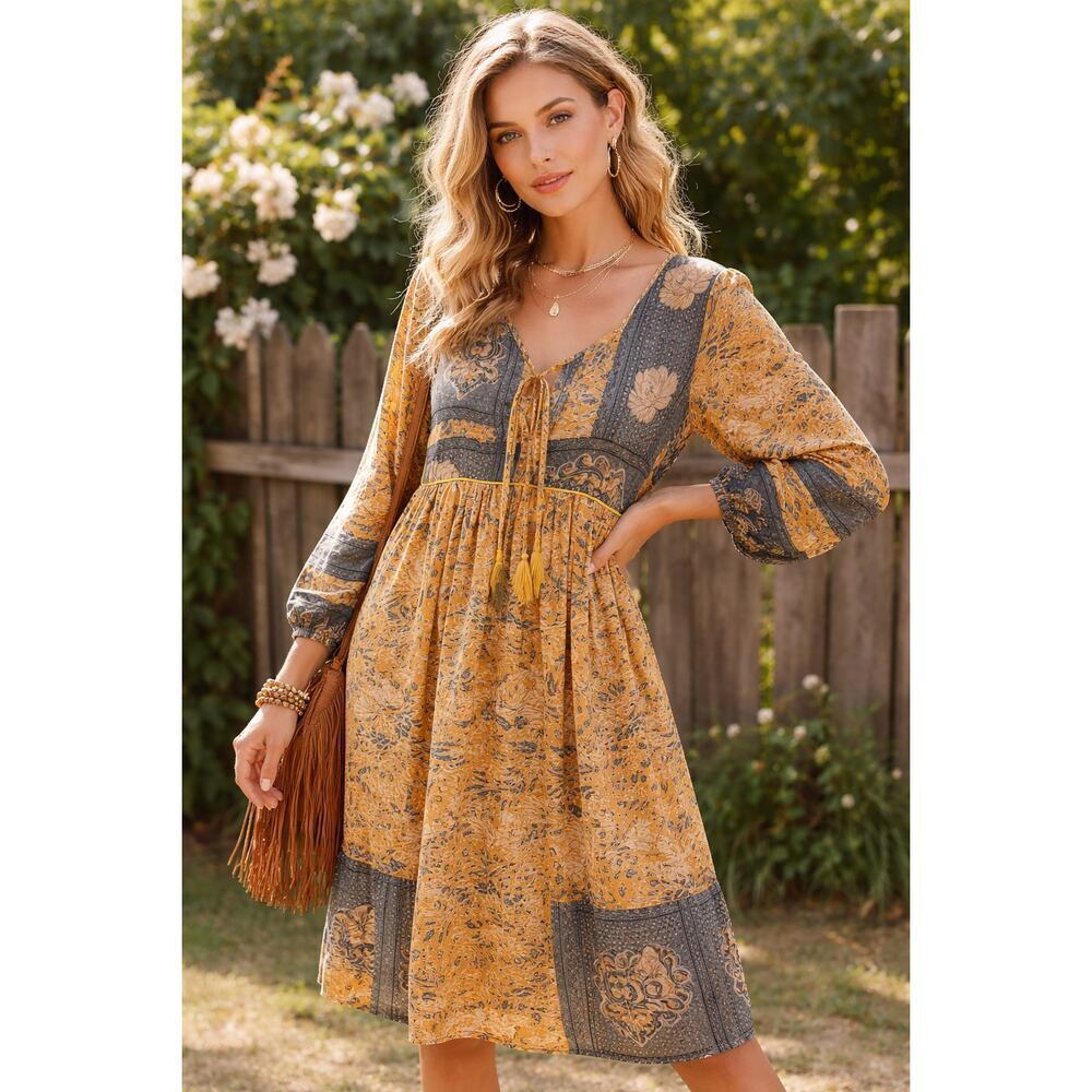 KARMA HIGHWAY Boho Gypsy Maxi Dress Long Balloon Sleeve Floral Printed One Size